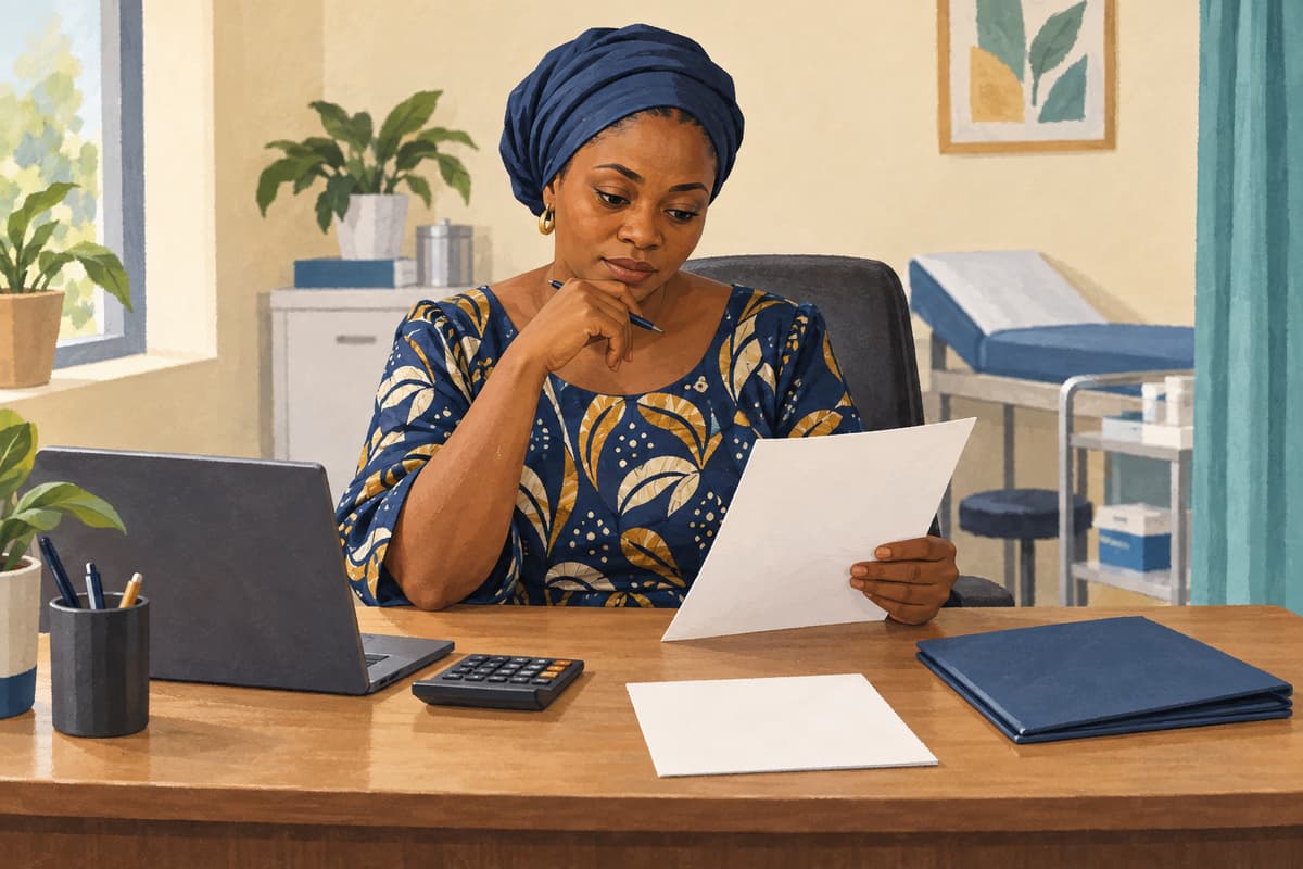 AI-generated fictional illustration of a hospital manager reviewing a quotation with a calculator.