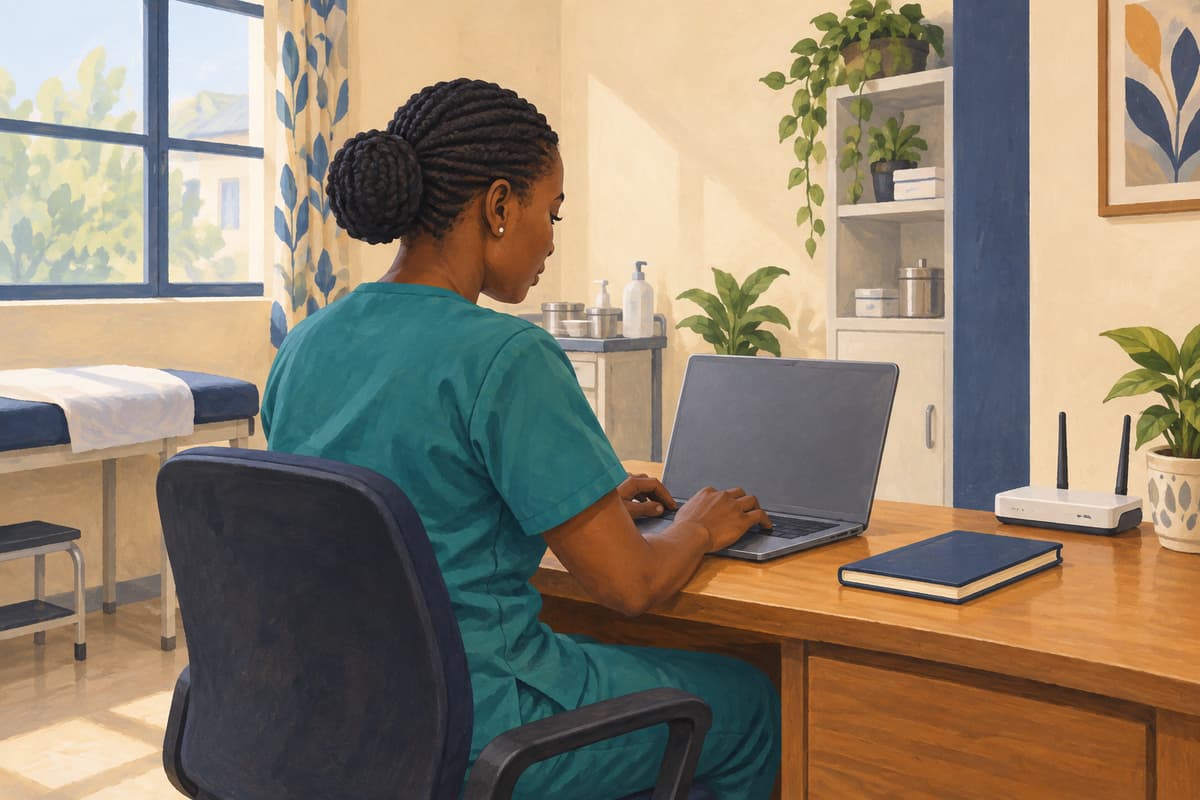 AI-generated fictional illustration of a nurse working at a hospital desk with a laptop, router and paper notebook.