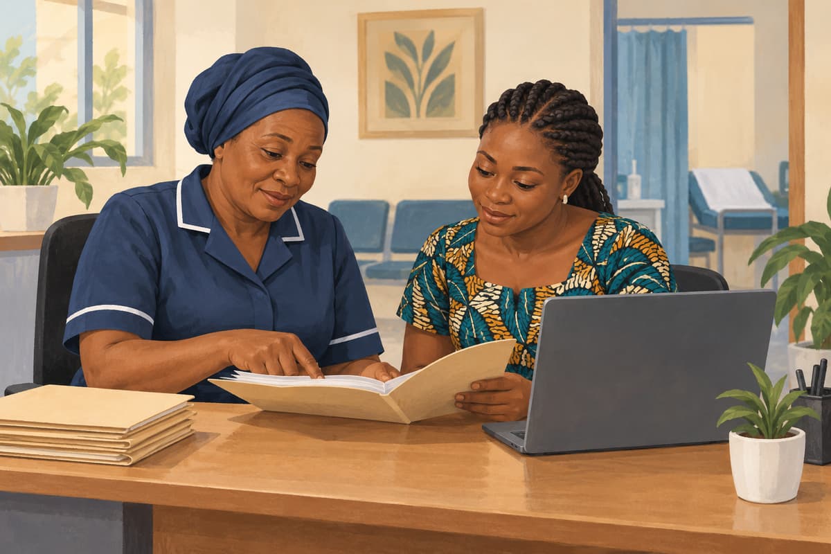 AI-generated illustration of hospital staff working through paper folders beside a laptop during a records transition.
