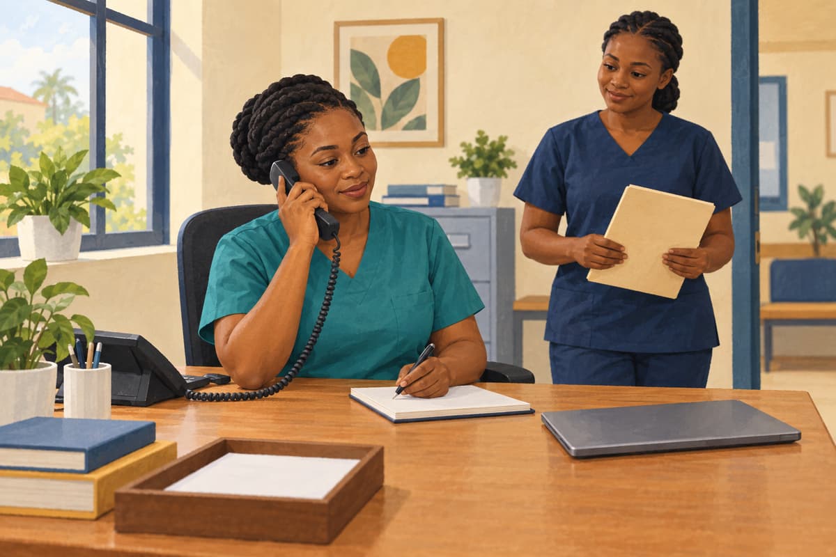 AI-generated illustration of a nursing lead making a reporting call while a colleague brings a closed folder.
