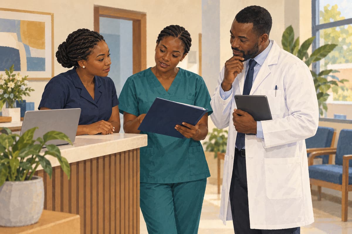 AI-generated fictional illustration of reception, nursing and medical staff discussing a handover at a small hospital.