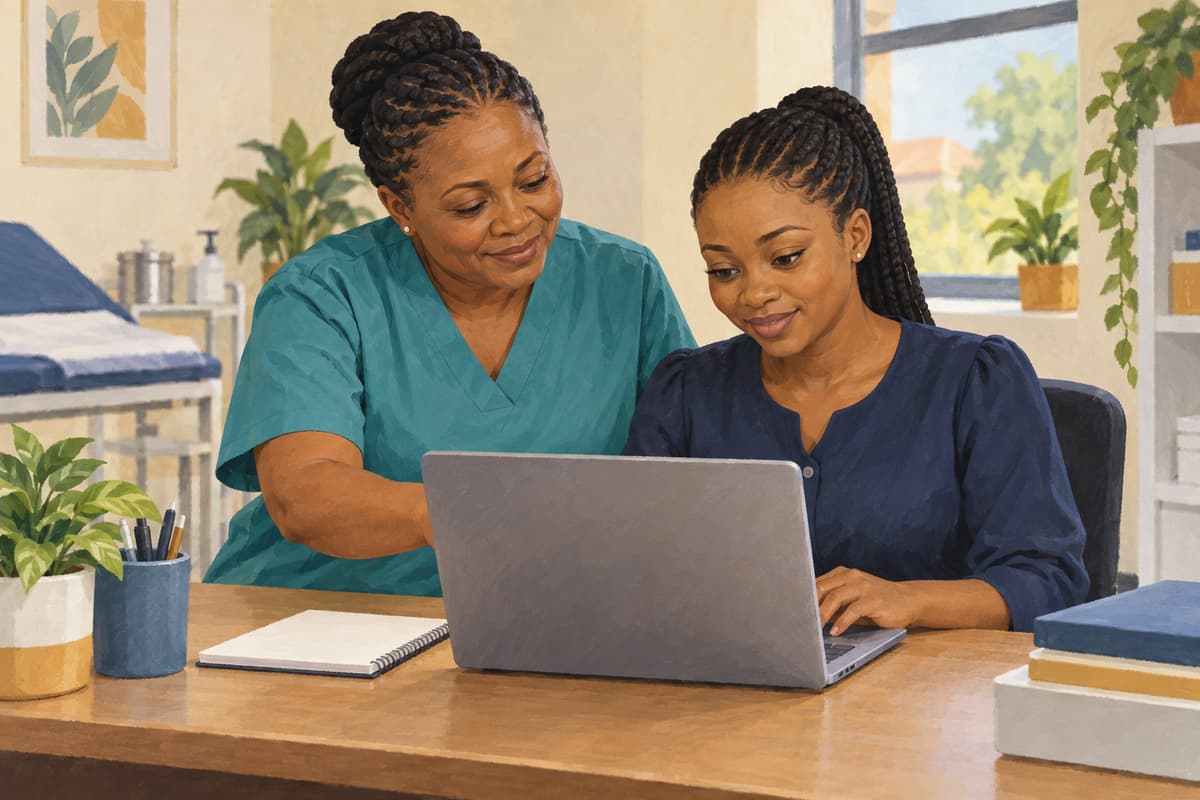 AI-generated illustration of two hospital colleagues practising a records task together at a laptop.