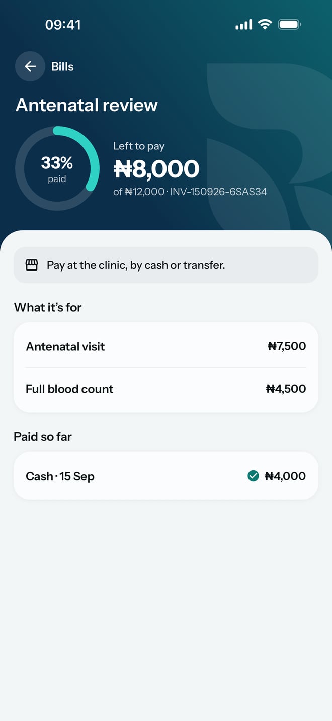 A bill a third paid, with 8,000 naira left to pay of 12,000, the two items on it, and a 4,000 naira cash payment.