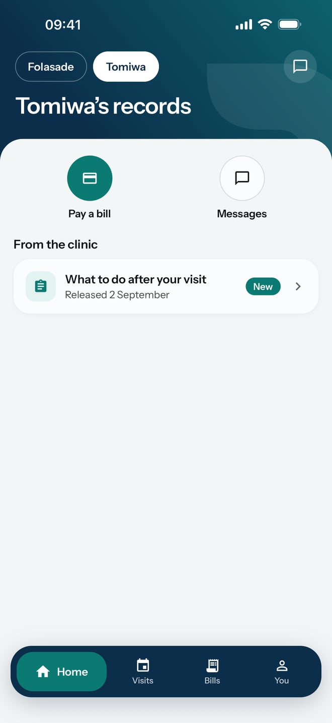 Tomiwa's records chosen at the top of the app, with what the hospital released after his visit.