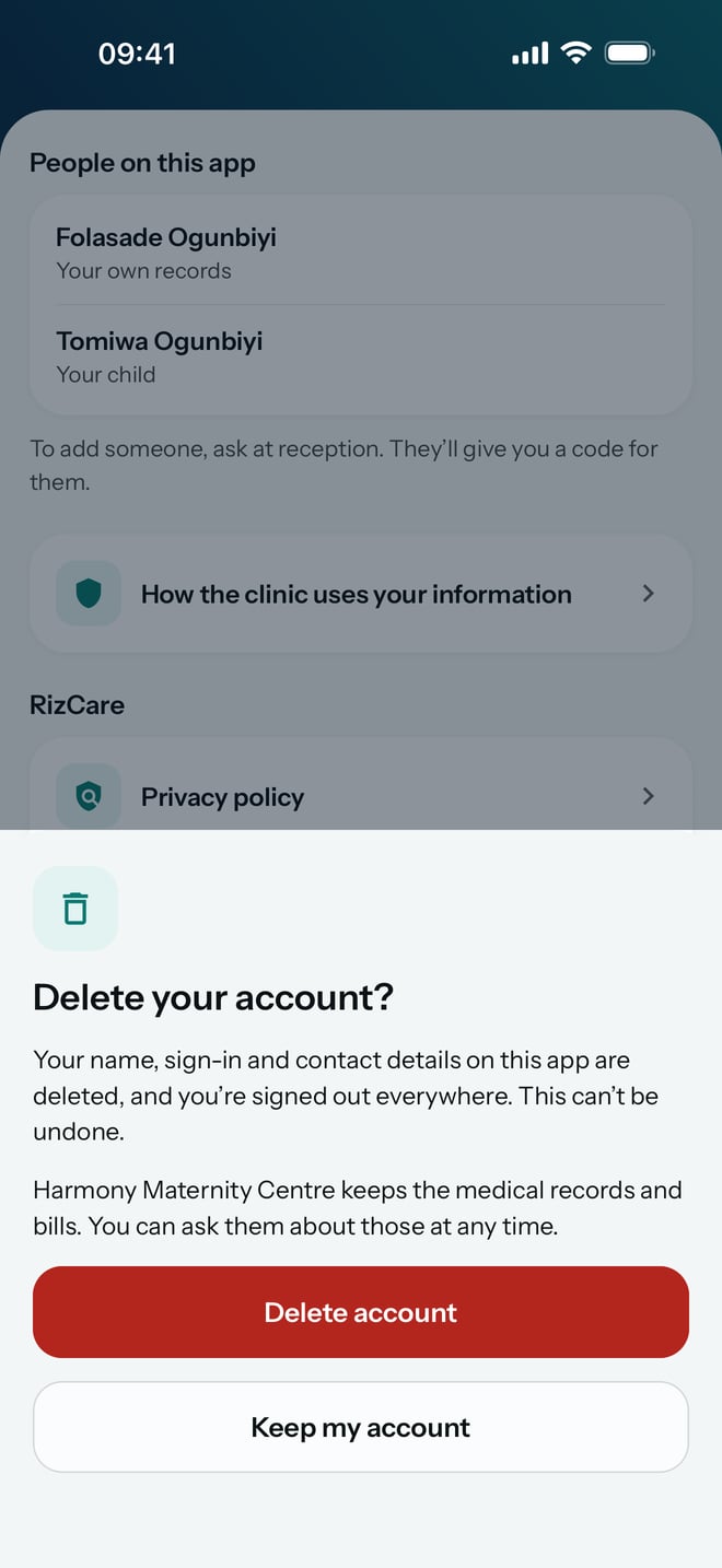 Delete your account, saying your name, sign-in and contact details on this app are deleted and the hospital keeps the medical records and bills.