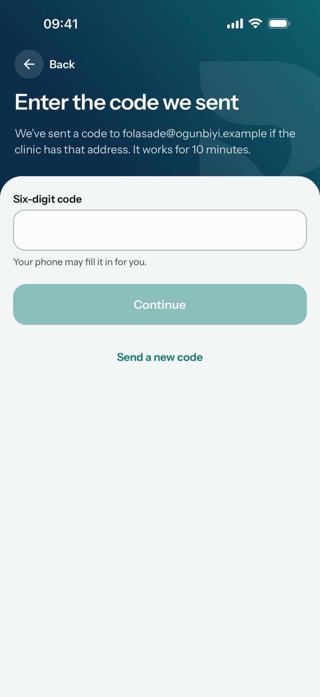 Enter the code we sent, saying the code went to the email address if the hospital has it and works for 10 minutes.