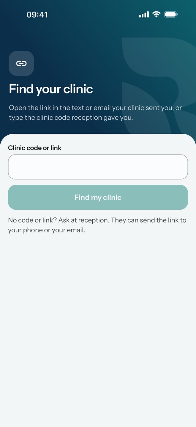 The Find your hospital screen, asking for the link from the hospital or the hospital code.