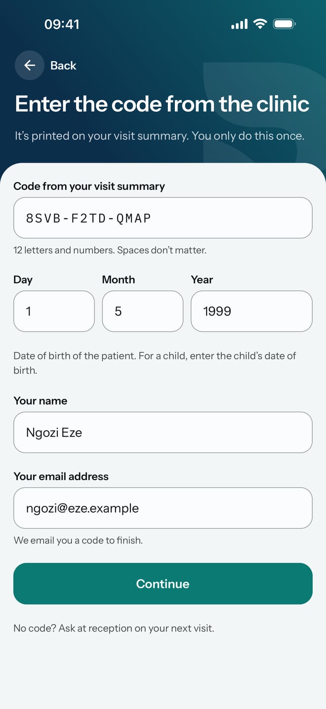 Enter the code from the hospital, with the code from a visit summary, a date of birth, a name and an email address filled in.