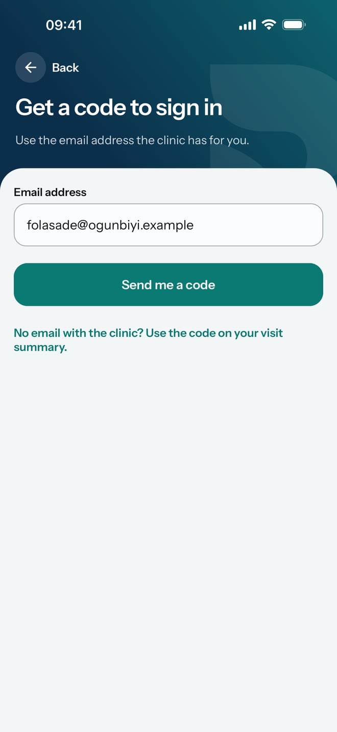 Get a code to sign in, with an email address typed in and the Send me a code button.
