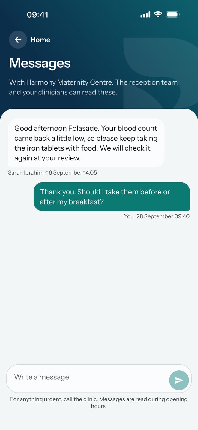 Messages with the hospital: a note from the midwife about iron tablets and the patient's reply asking when to take them.