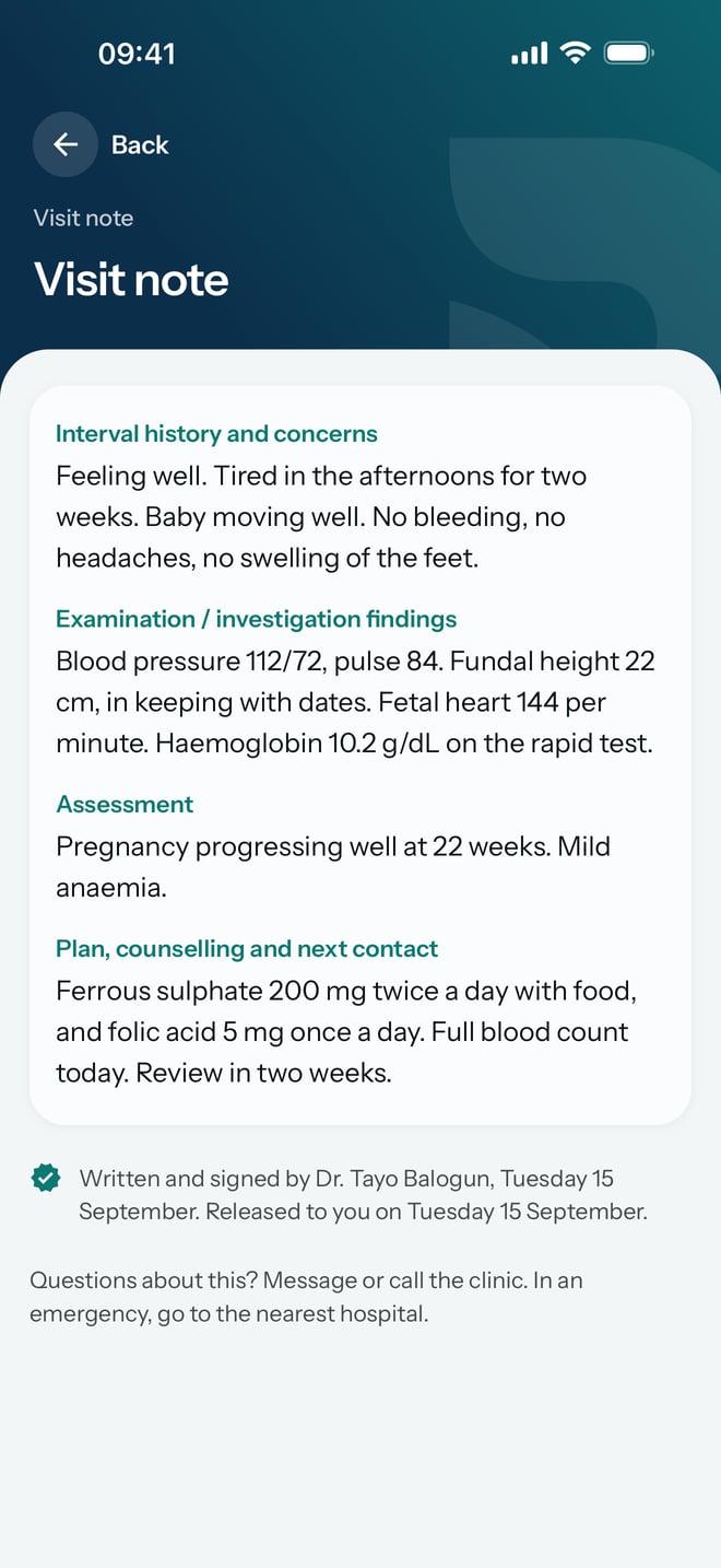 A Visit note from an antenatal review under its own headings, written and signed by the doctor and released on the same day.