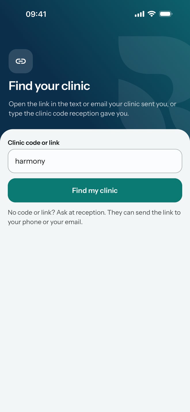 The Find your hospital screen with the hospital code typed in and the Find my hospital button.