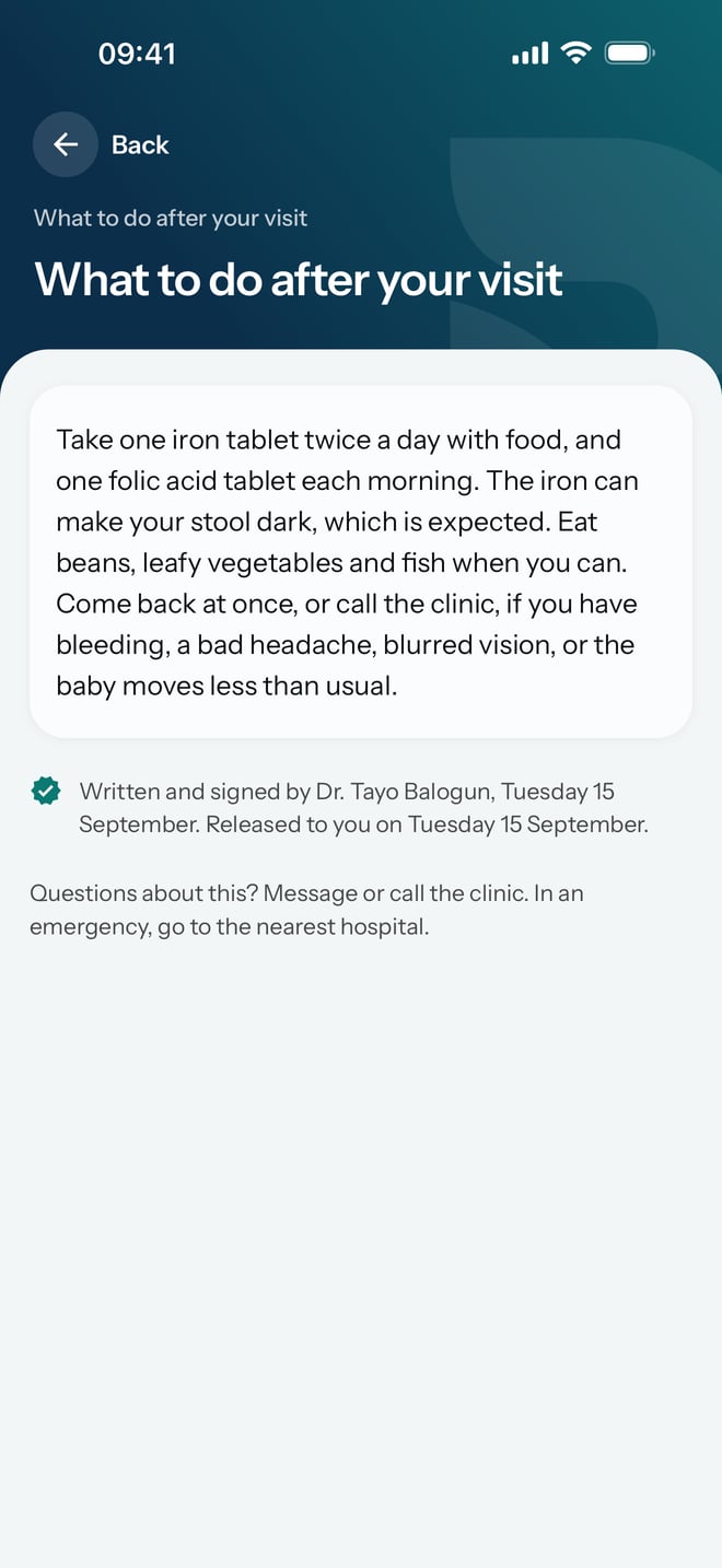 What to do after your visit: the hospital's instructions, with the doctor who wrote and signed them and the day they were released.