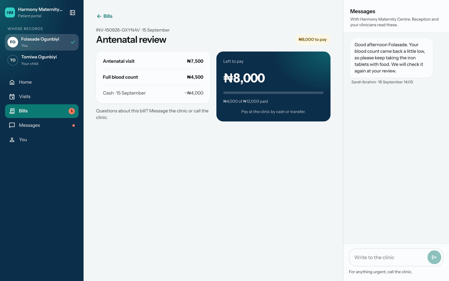 The Antenatal review bill: an antenatal visit and a full blood count, a cash payment of 4,000 naira, and 8,000 naira left to pay.