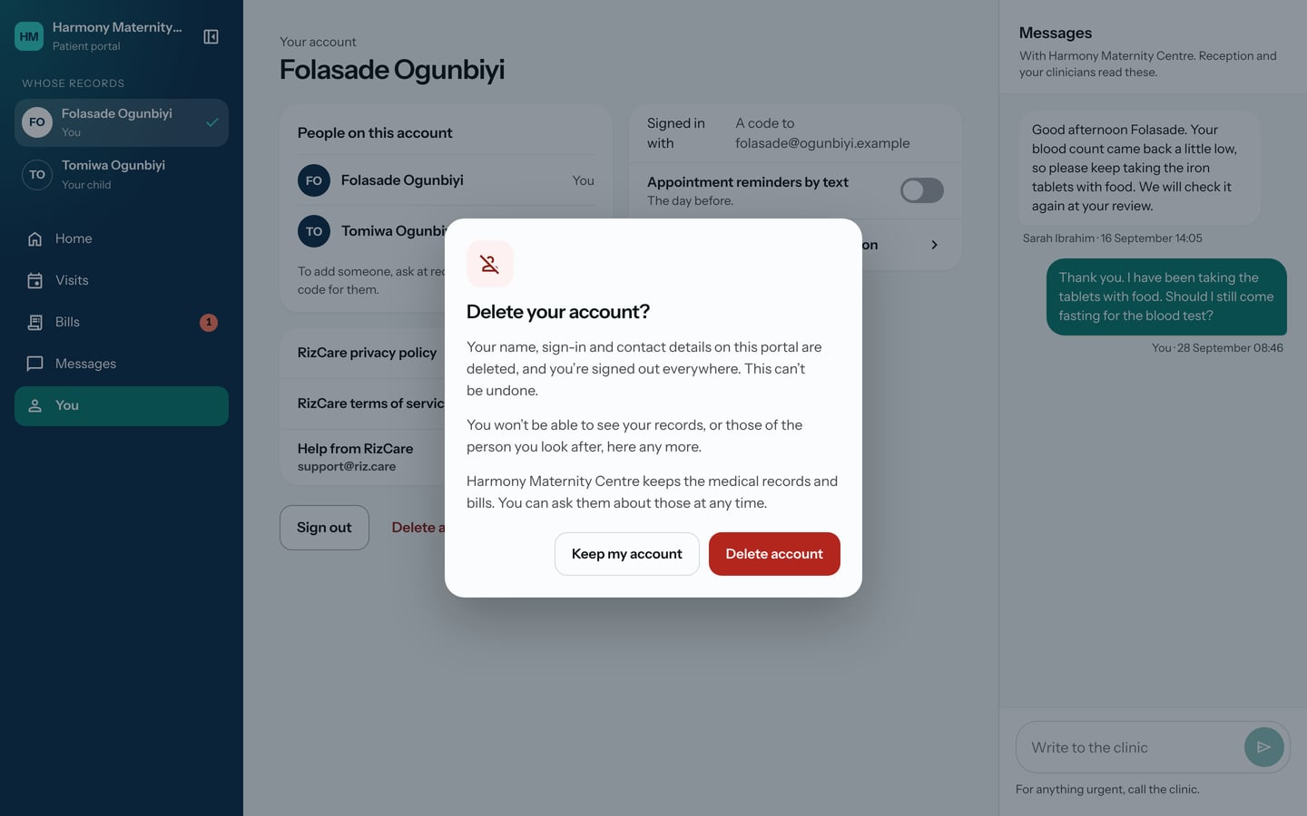 Delete your account? Your name, sign-in and contact details on this portal are deleted, and the hospital keeps the medical records and bills, with Keep my account and Delete account.