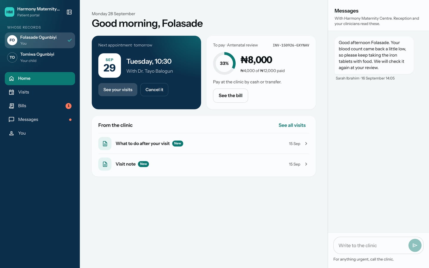 Home for Folasade Ogunbiyi: the next appointment tomorrow, Tuesday, at 10:30 with Dr. Tayo Balogun, 8,000 naira to pay, and two things from the hospital marked New.