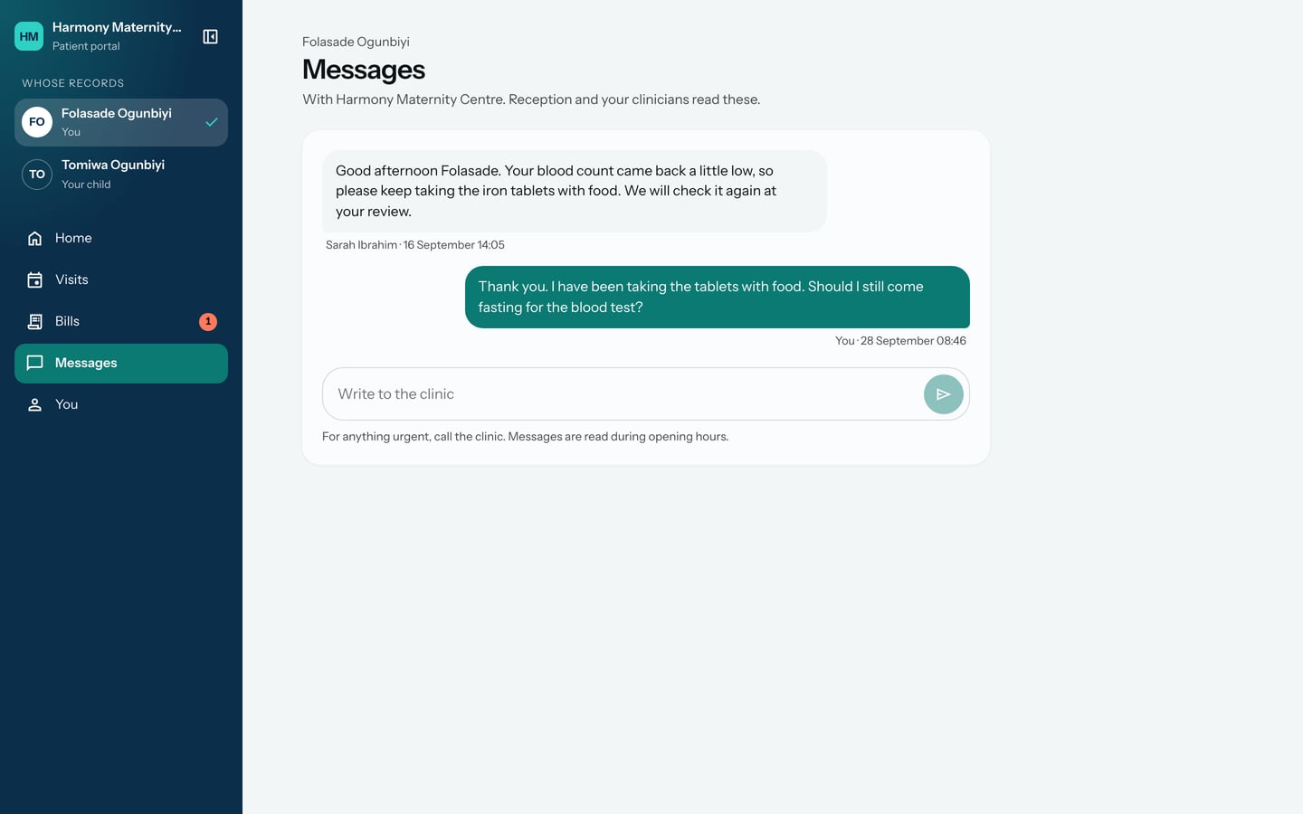 The conversation with the patient's message sent, marked You and the time.