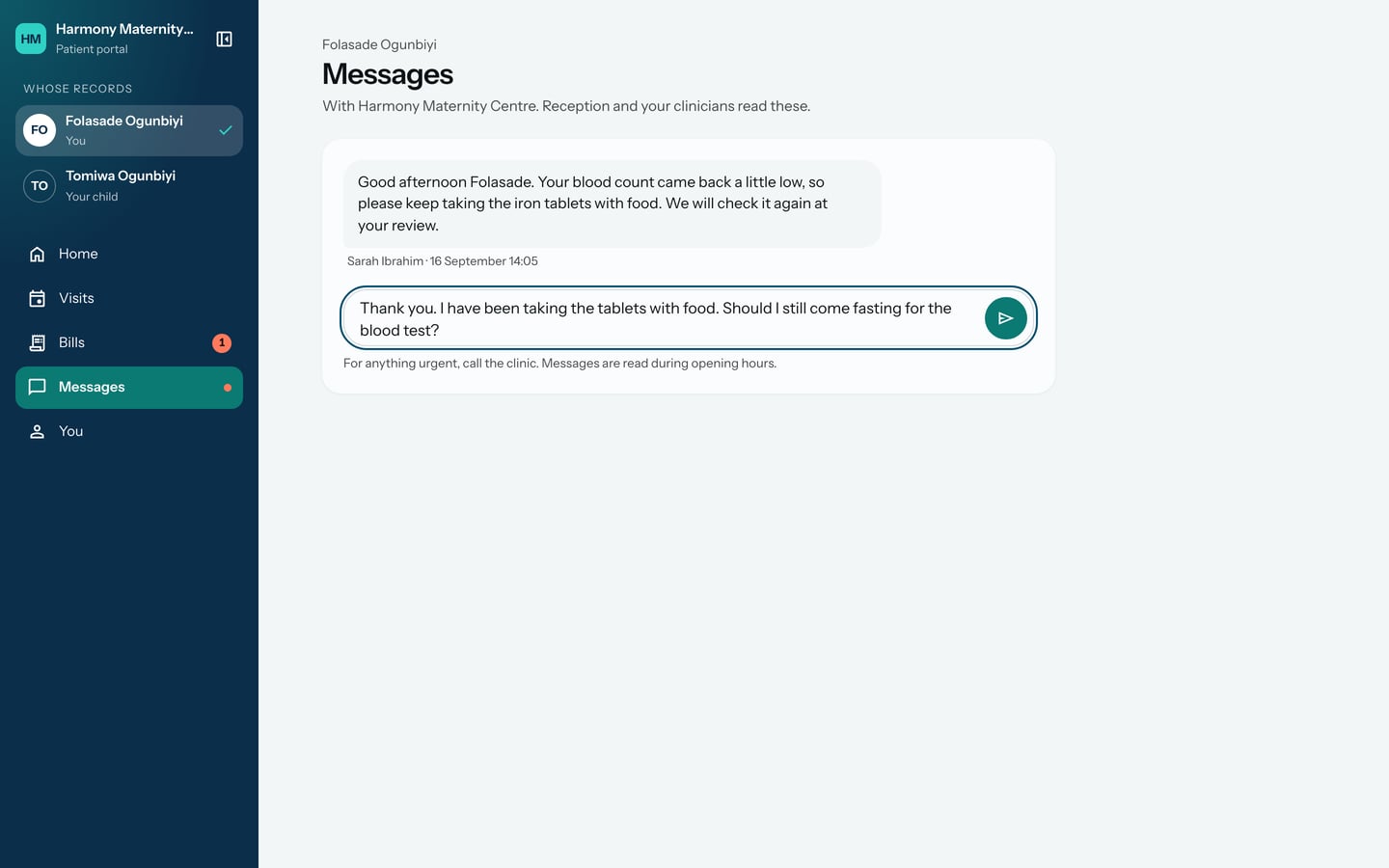 Messages with Harmony Maternity Centre: the midwife's message and a reply typed in Write to the hospital.