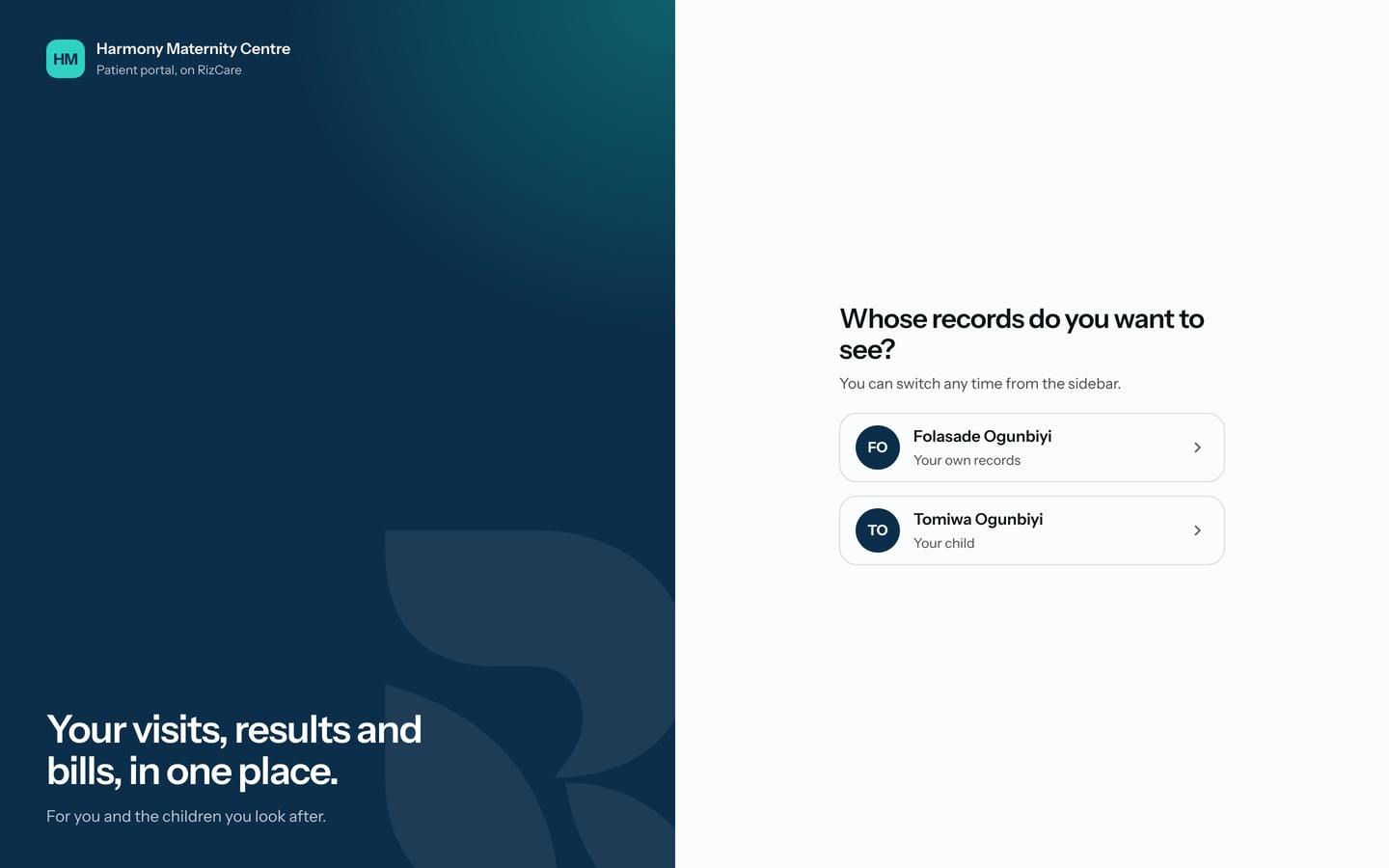 Whose records do you want to see? with Folasade Ogunbiyi, Your own records, and Tomiwa Ogunbiyi, Your child.