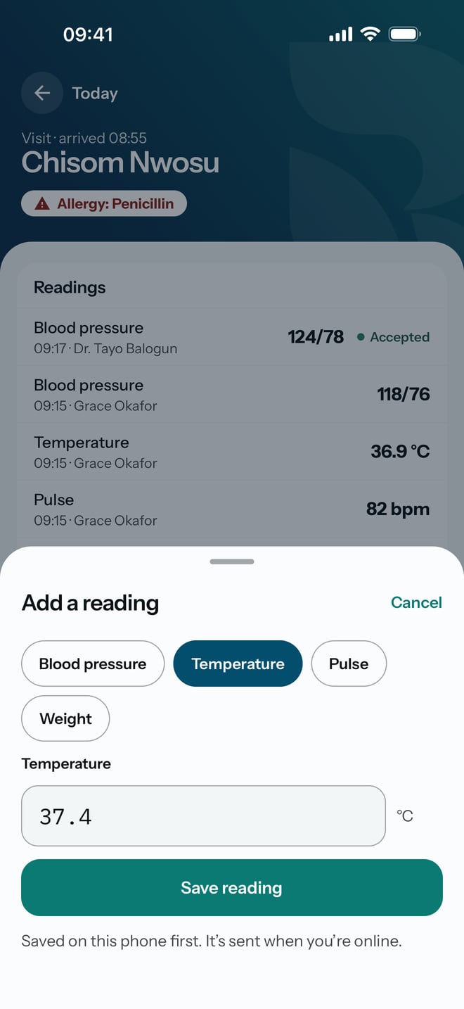 The Add a reading sheet with Temperature chosen, 37.4 typed in, degrees Celsius beside the box, and the Save reading button.