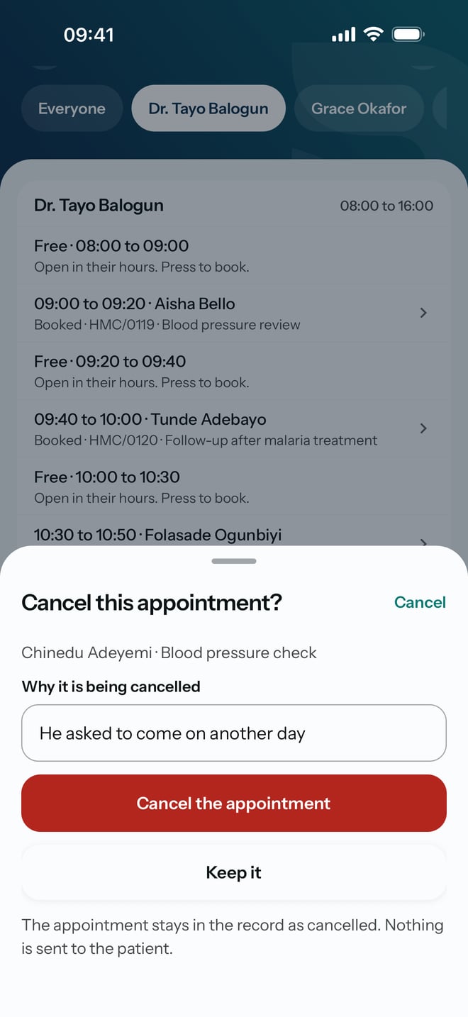 Cancel this appointment, with the reason He asked to come on another day, and the Cancel the appointment and Keep it buttons.