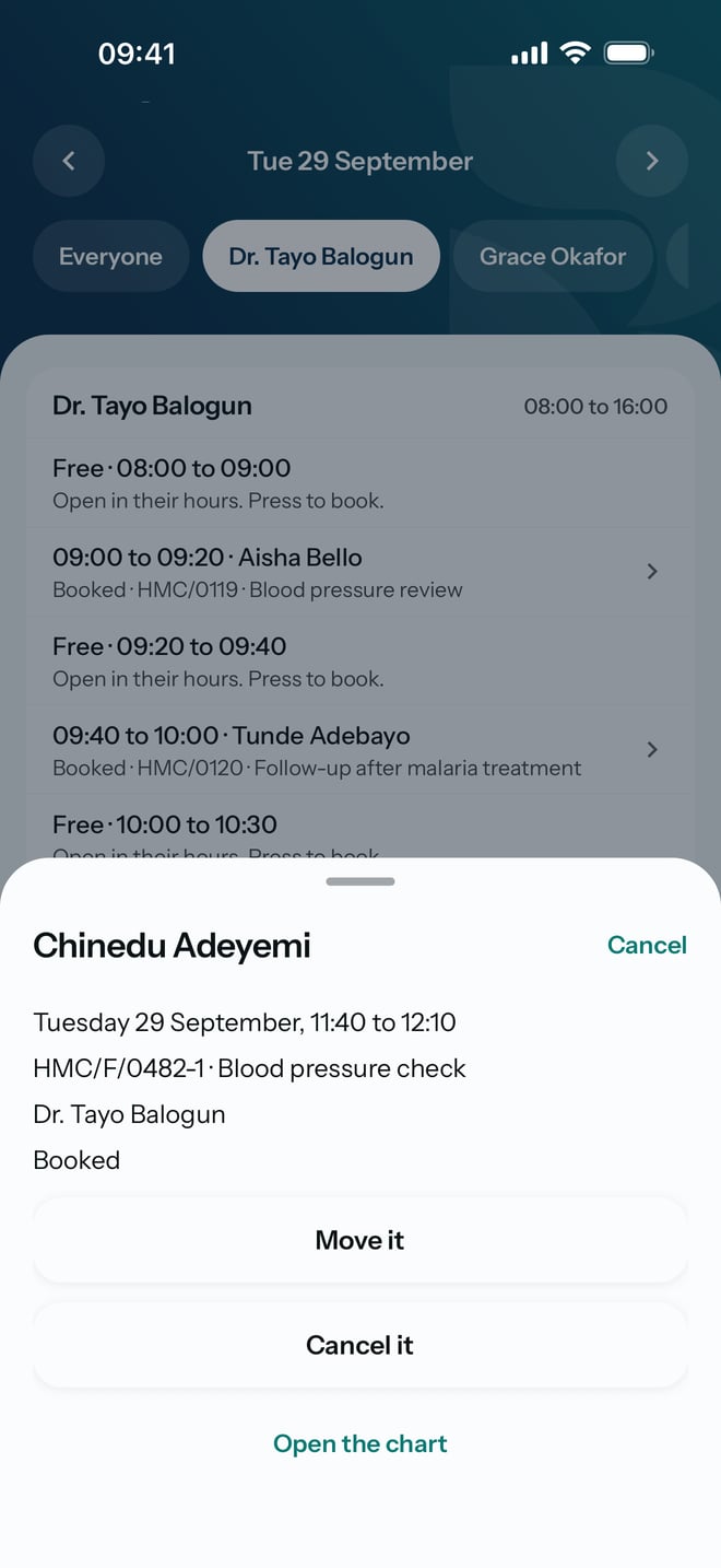 An appointment opened from the diary, with its time, reason and clinician, and the Move it, Cancel it and Open the chart buttons.