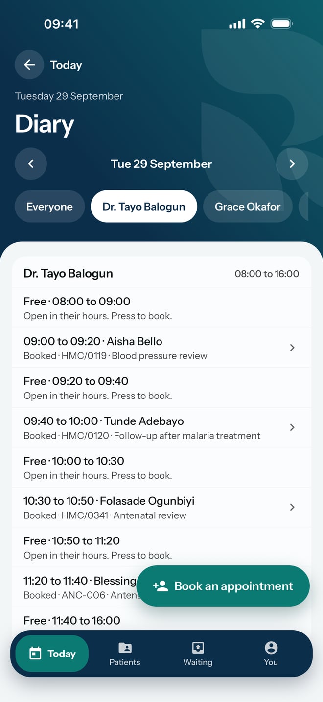 The diary with Dr. Tayo Balogun chosen under the date, showing only his bookings and free times, and the Book an appointment button.