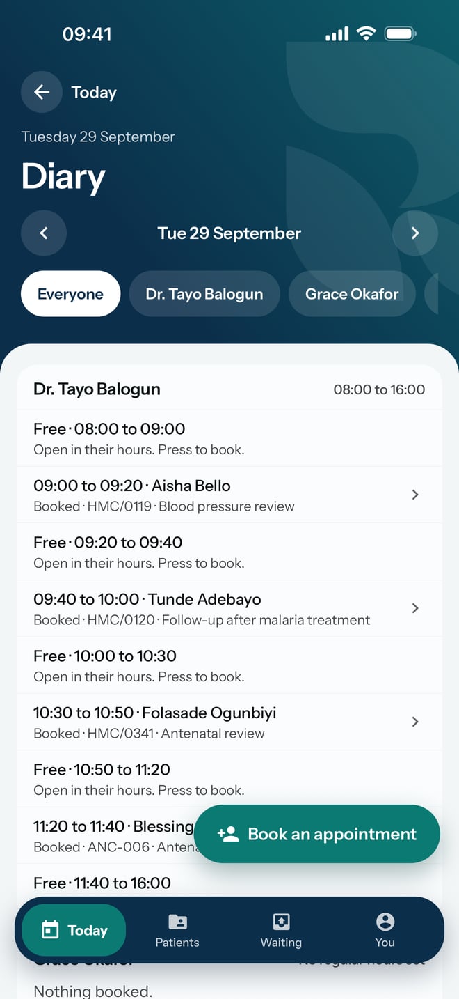 The diary for Tuesday 29 September, showing Dr. Tayo Balogun's working hours, four booked patients and the free times between them.