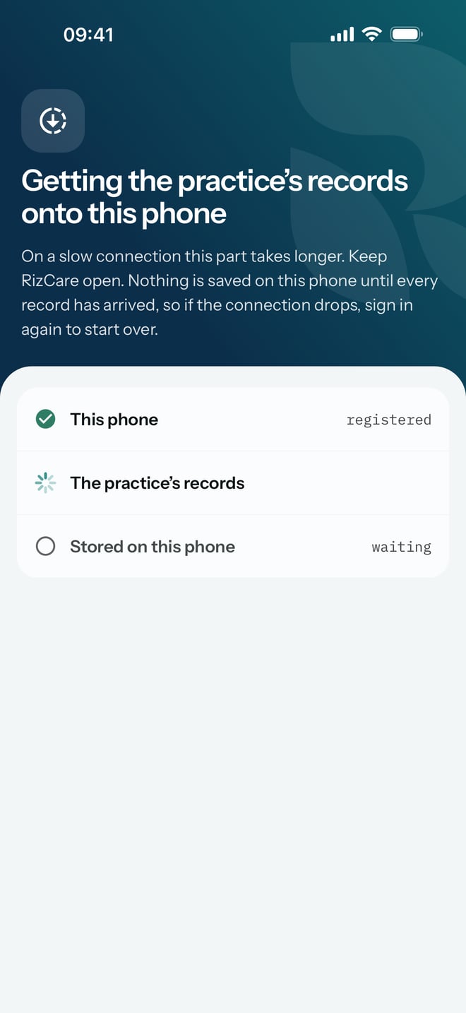 The records coming onto the phone, with This phone registered and the practice's records still arriving.