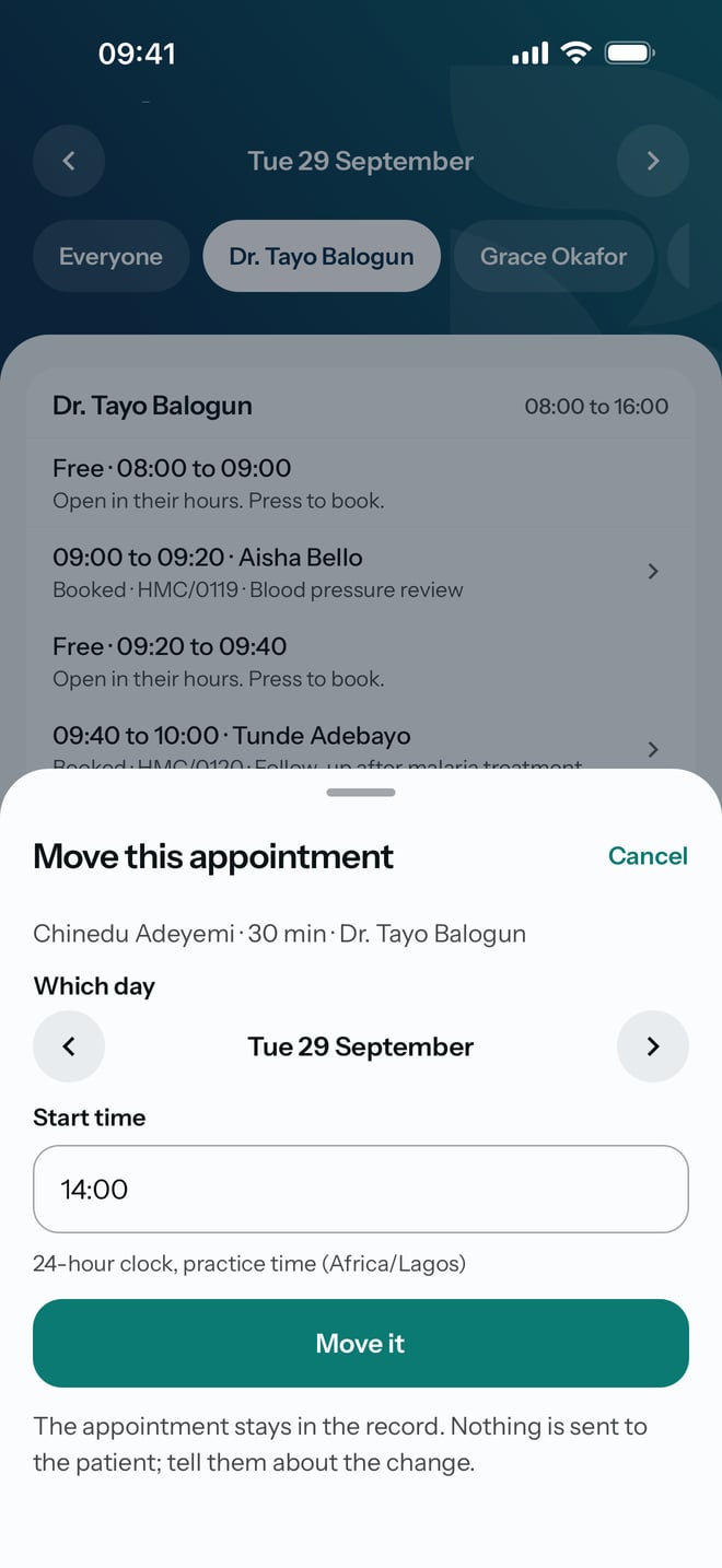 Move this appointment, with the day and a new start time of 14:00, and the Move it button.