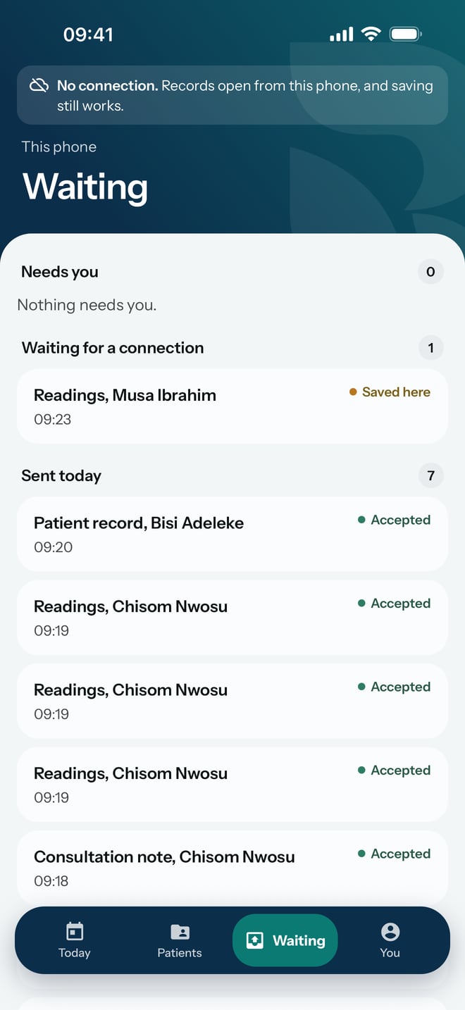 Waiting with no connection: one set of readings saved on the phone and waiting for a connection, and the work sent earlier today, each marked Accepted.
