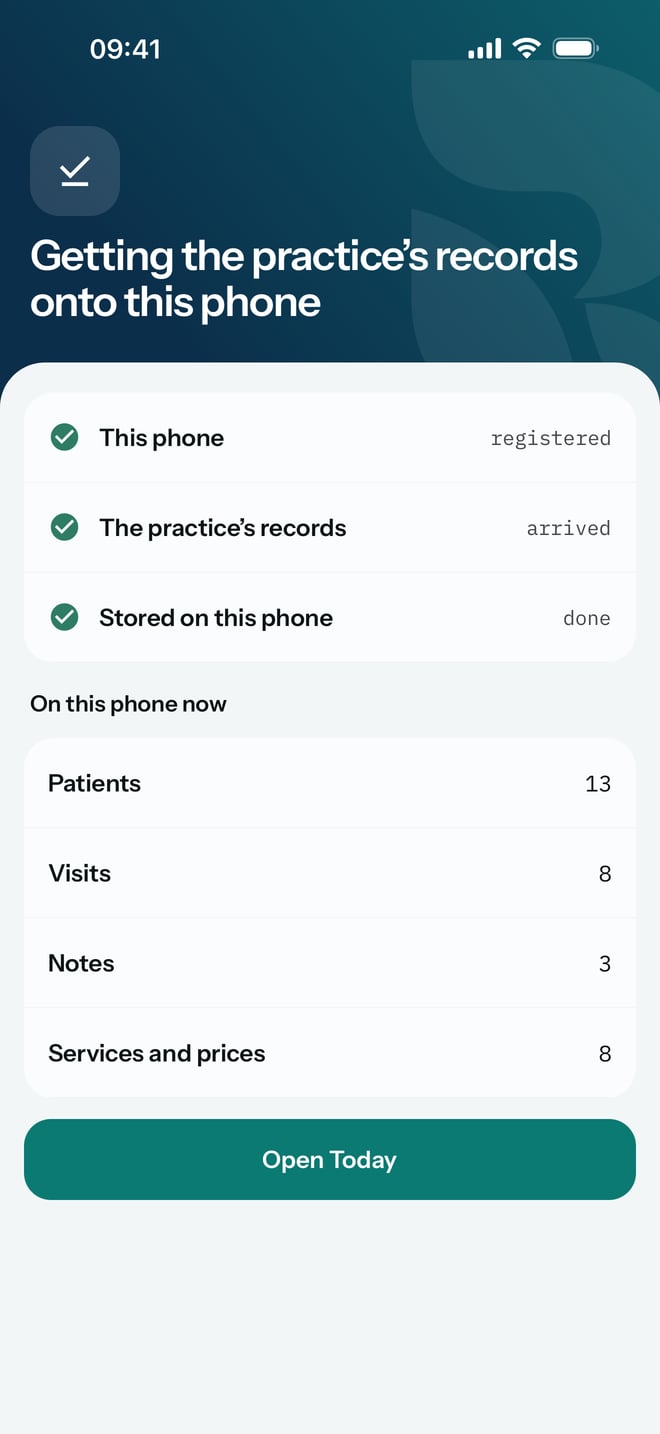 All three steps done, with the number of patients, visits, notes, and services and prices now on the phone, and the Open Today button.