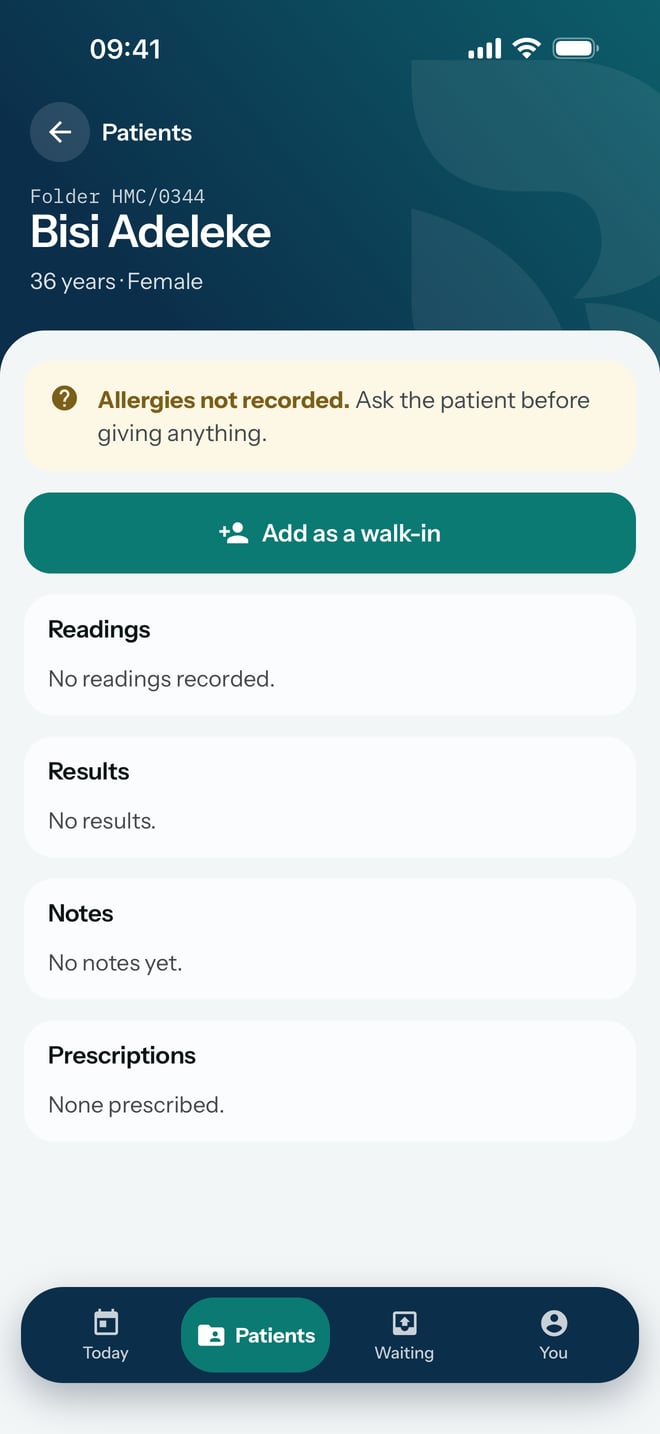 The new patient's chart, with her folder number, age and sex, allergies not recorded, and the Add as a walk-in button.