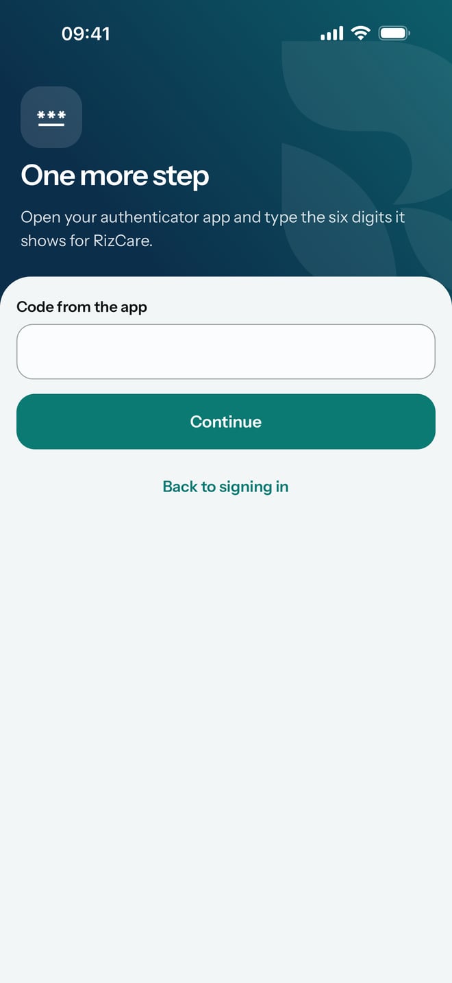 One more step, asking for the six digits your authenticator app shows for RizCare, with the Continue button.