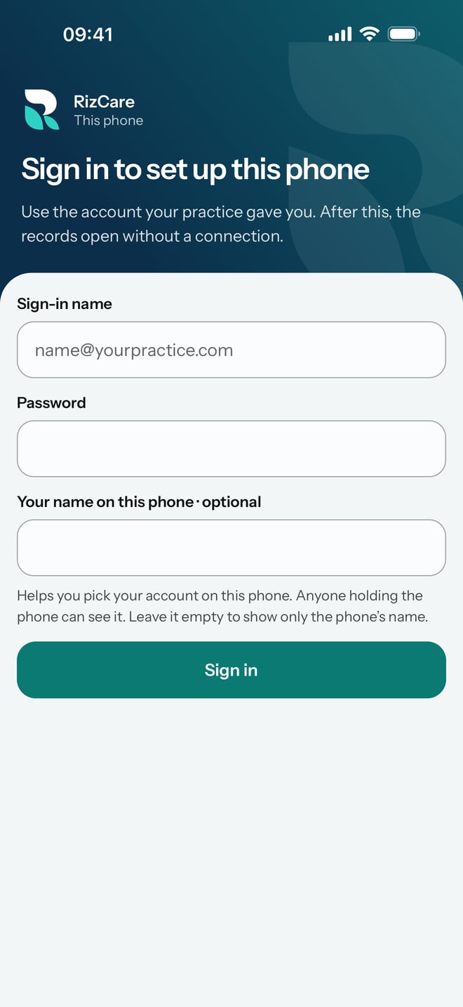 The Sign in to set up this phone screen, with the sign-in name, password and your name on this phone.
