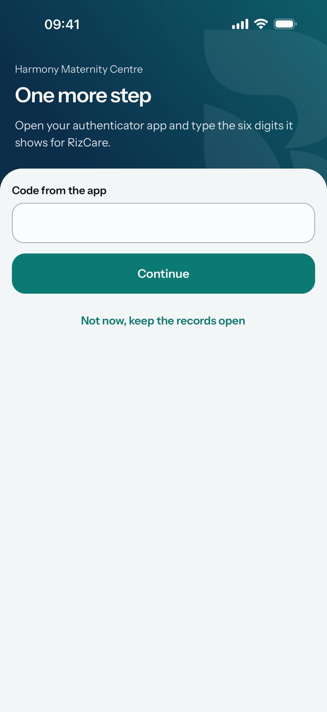 One more step after signing out, asking for the code from your authenticator app, with Continue and Not now, keep the records open.