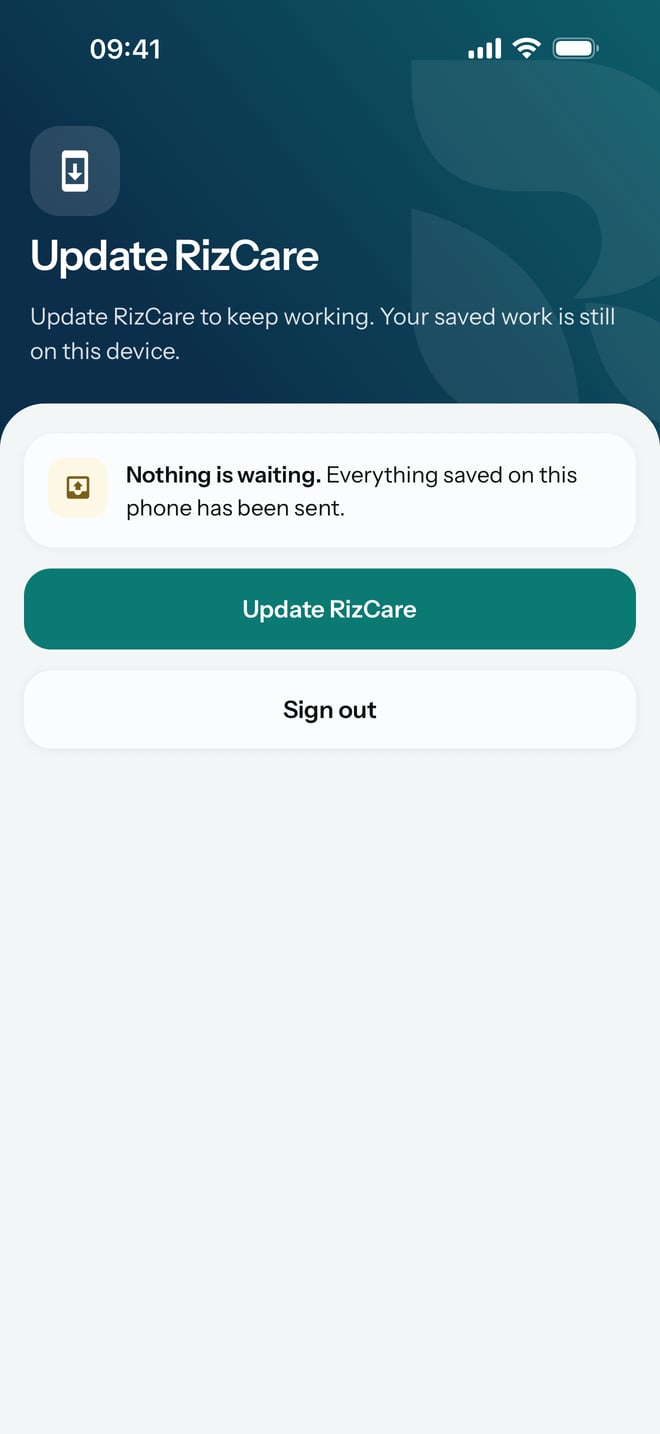 The Update RizCare screen saying nothing is waiting and everything saved on this phone has been sent, with the Update RizCare and Sign out buttons.