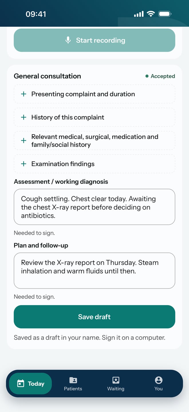 A General consultation note with the assessment and the plan written in, both marked Needed to sign, the Save draft button, and the line saying to sign it on a computer.