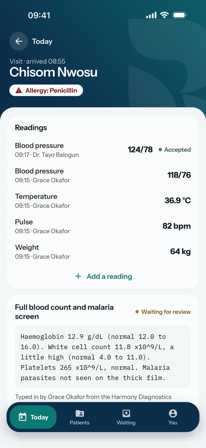 A visit with the patient's penicillin allergy at the top and a blood pressure of 124/78 just recorded and accepted, above the earlier readings.