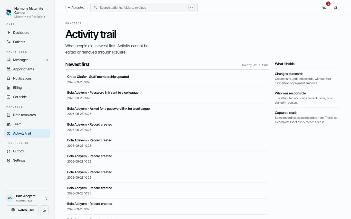 The Activity trail, newest first: each row with a colleague's name, what they did and the date and time.