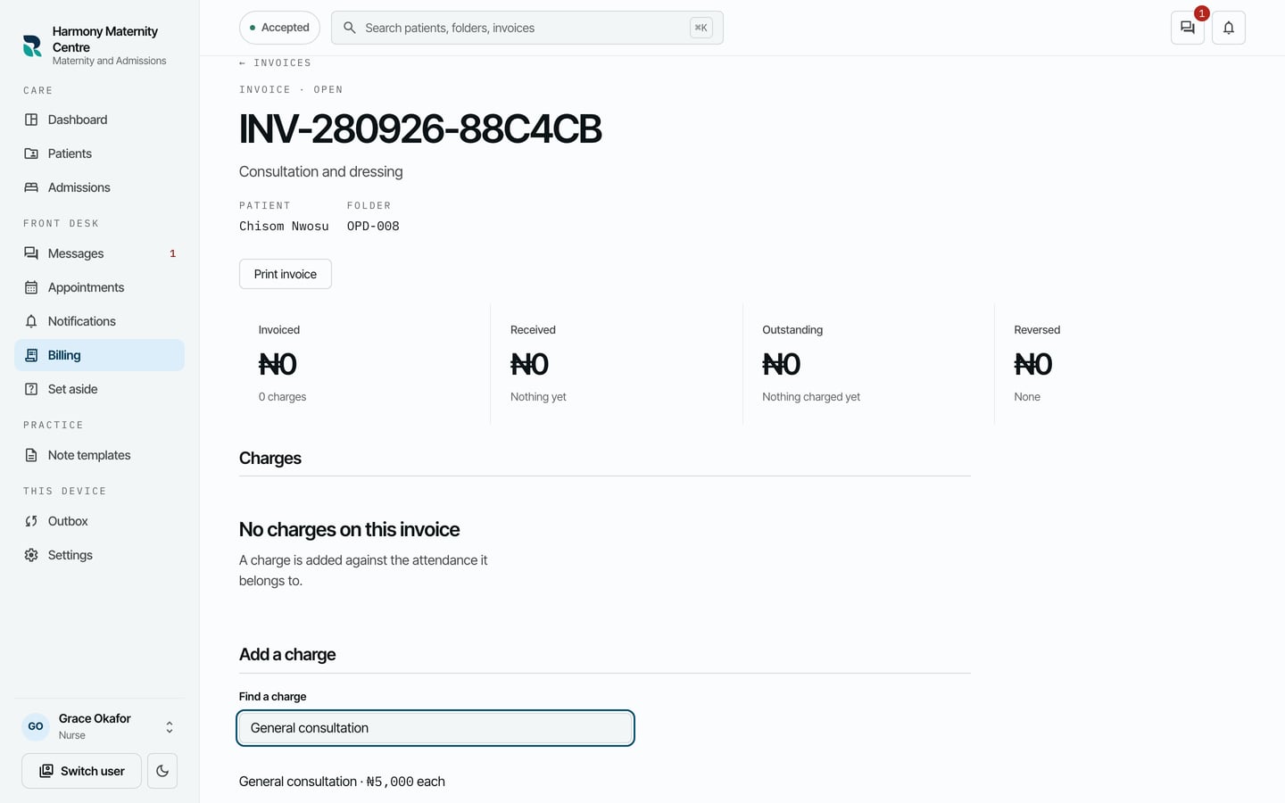 A new, empty invoice for Chisom Nwosu with Add a charge open and General consultation, 5,000 naira each, found.