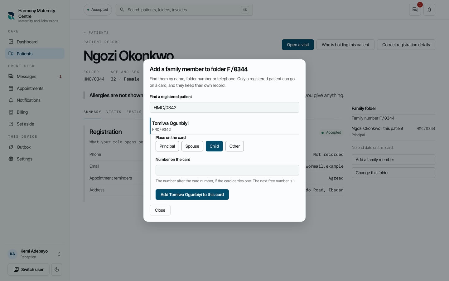 Add a family member to folder F/0344, with Tomiwa Ogunbiyi found by folder number and Child chosen.