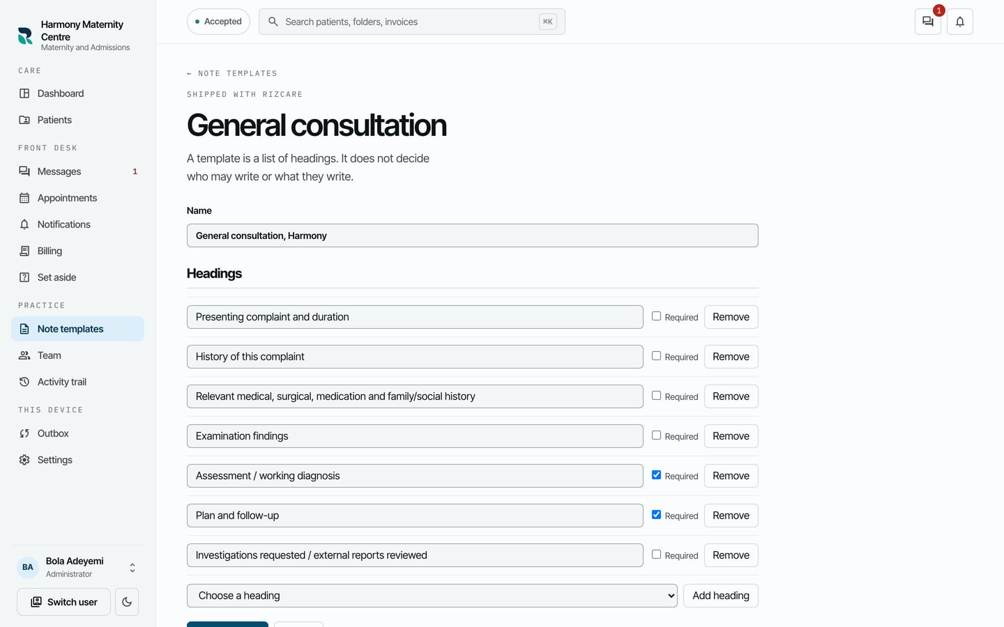 The General consultation template being copied as General consultation, Harmony, with Investigations requested / external reports reviewed added as the last heading.