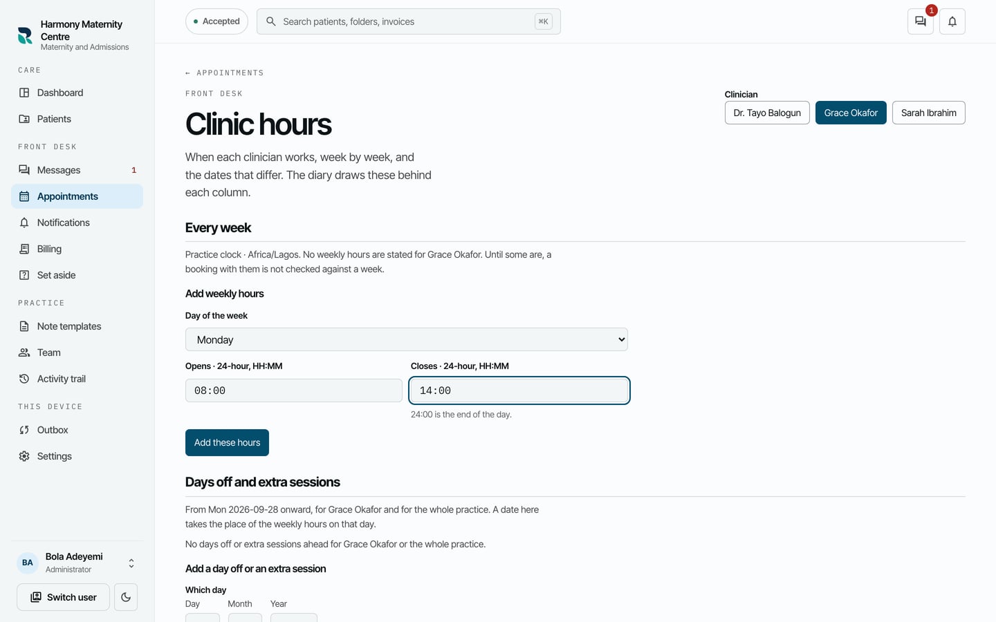 Add weekly hours for Grace Okafor: Monday, opening 08:00 and closing 14:00.
