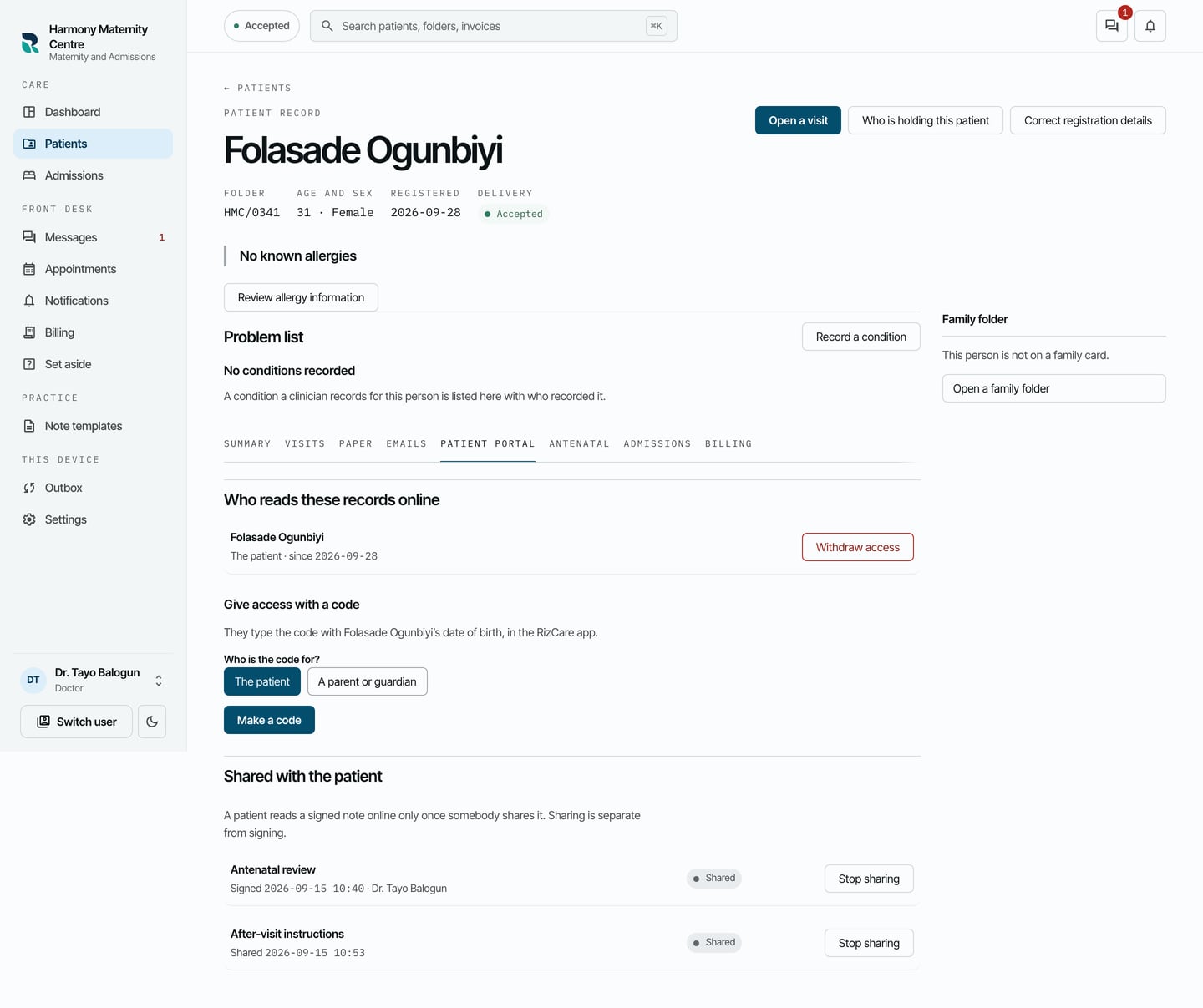 The Patient portal tab for Folasade Ogunbiyi: she reads her own records since today, Give access with a code, and her signed note and instructions under Shared with the patient.