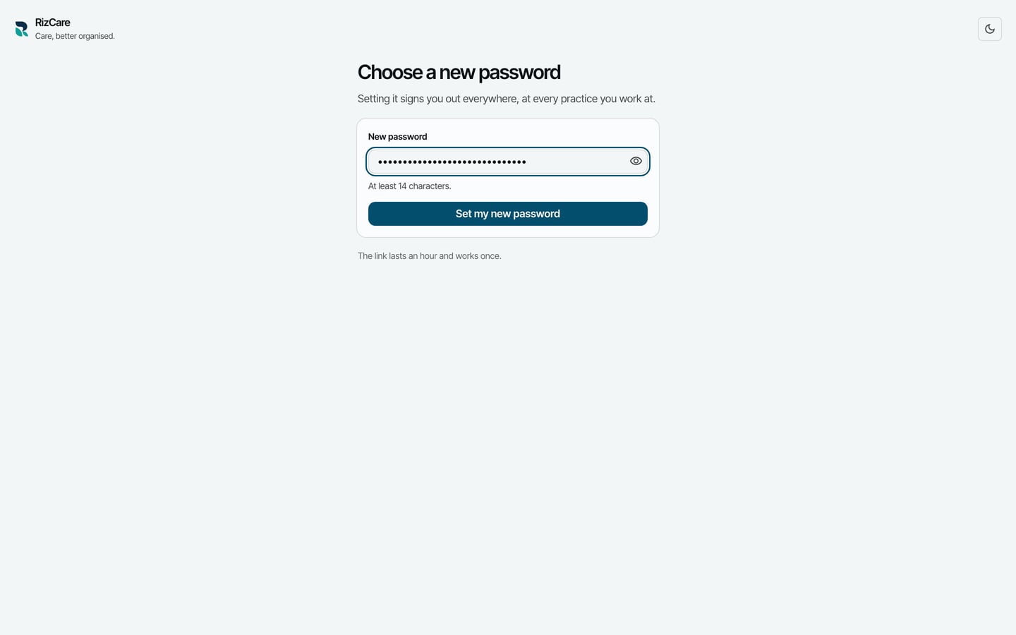 Choose a new password, with a new password typed in, At least 14 characters, and the Set my new password button.