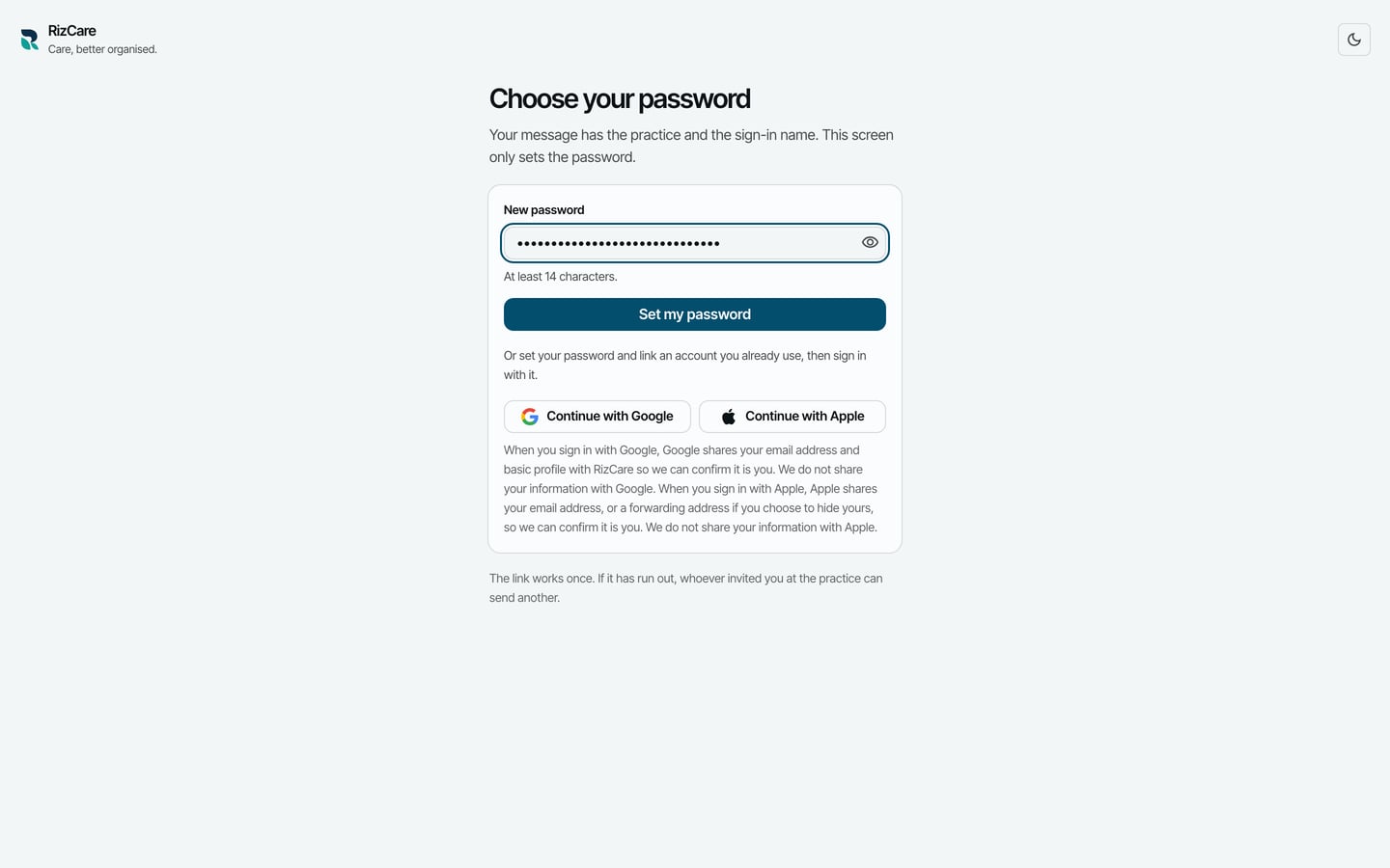 Choose your password, with a new password typed in and the Set my password button.