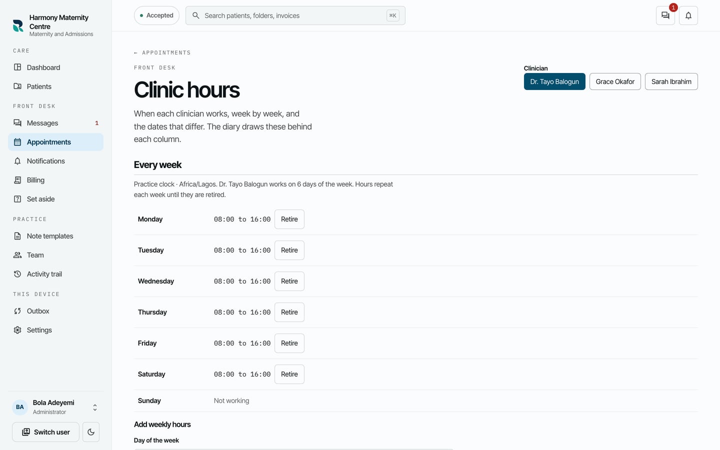 Working hours for Dr. Tayo Balogun: 08:00 to 16:00 Monday to Saturday, Sunday not working, each with a Retire button.