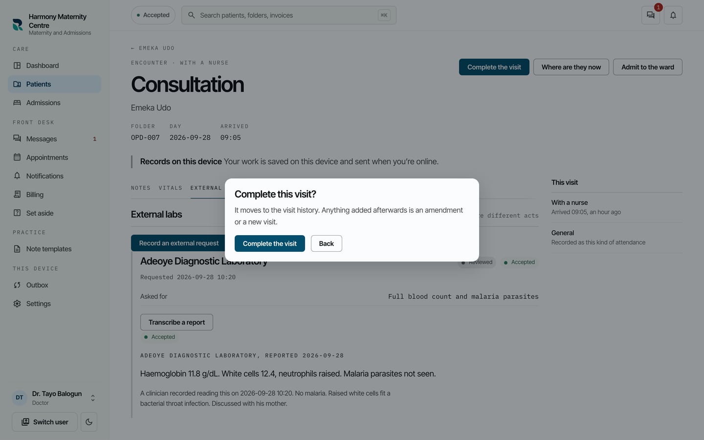 Complete this visit? It moves to the visit history, and anything added afterwards is an amendment or a new visit.