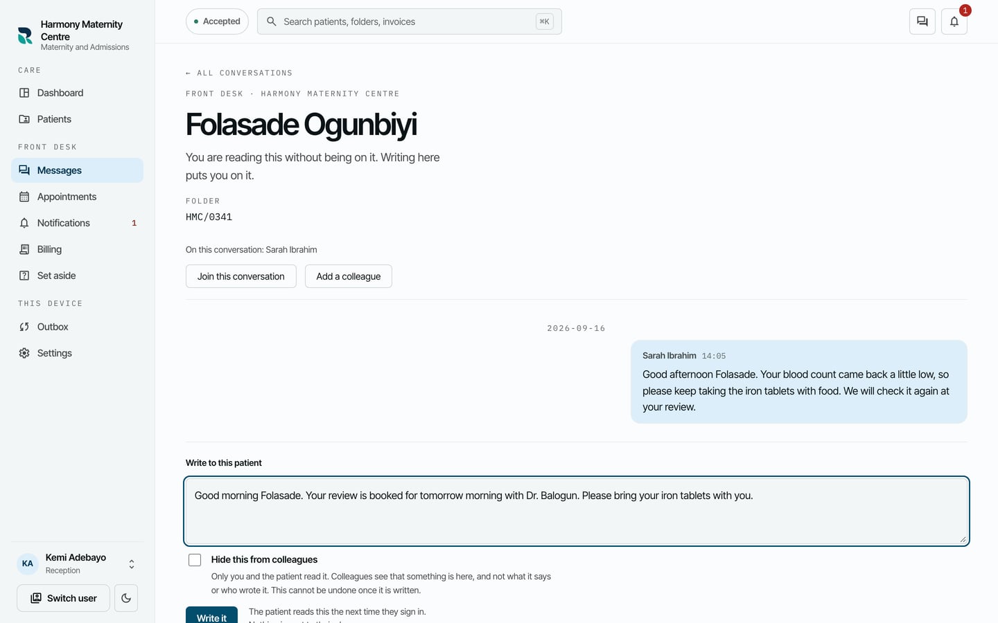 The conversation with Folasade Ogunbiyi: the midwife's earlier message, and a reply typed in Write to this patient above the Write it button.